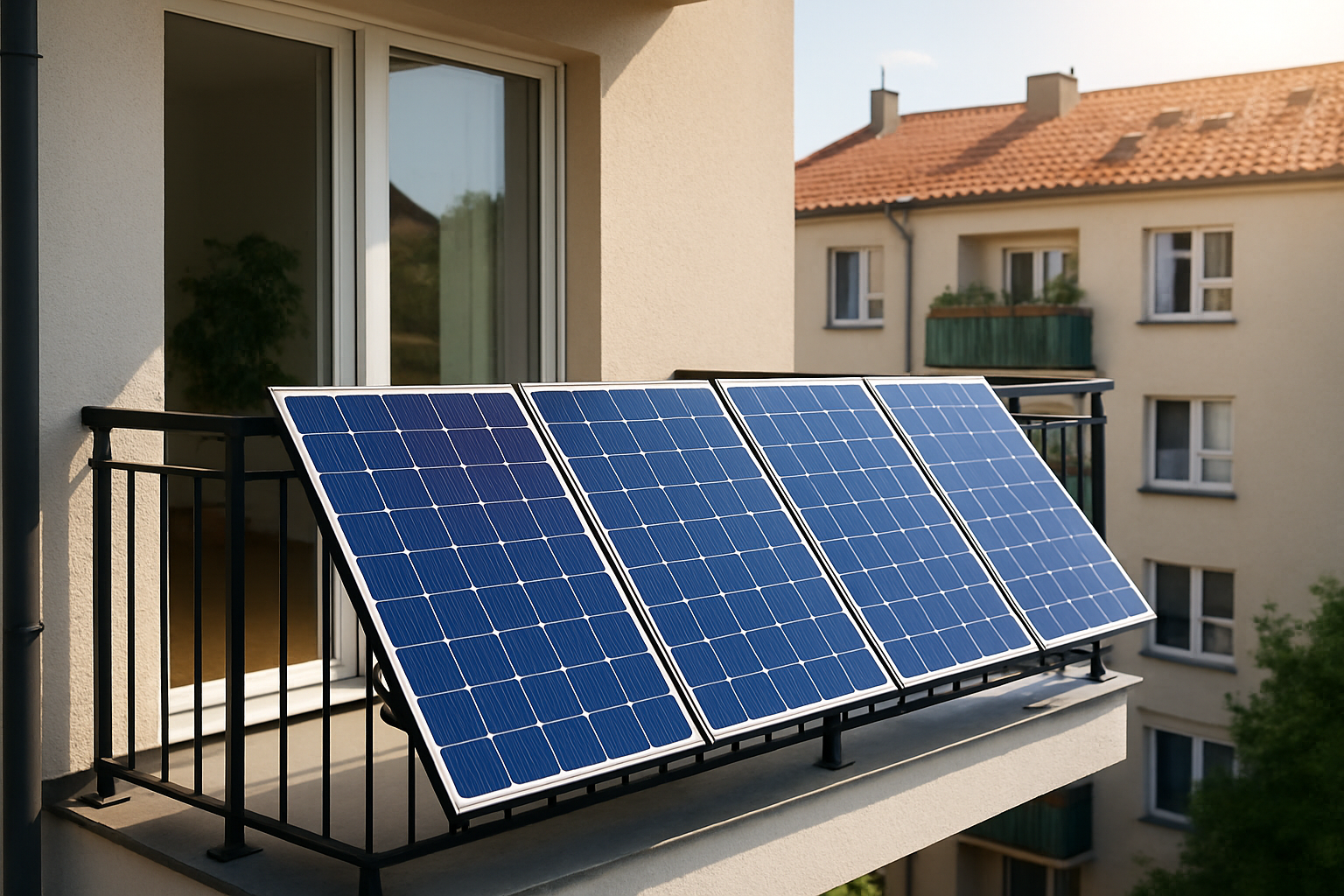Balkonkraftwerk mit optimaler Ausrichtung zur Sonne auf sonnigem Südbalkon