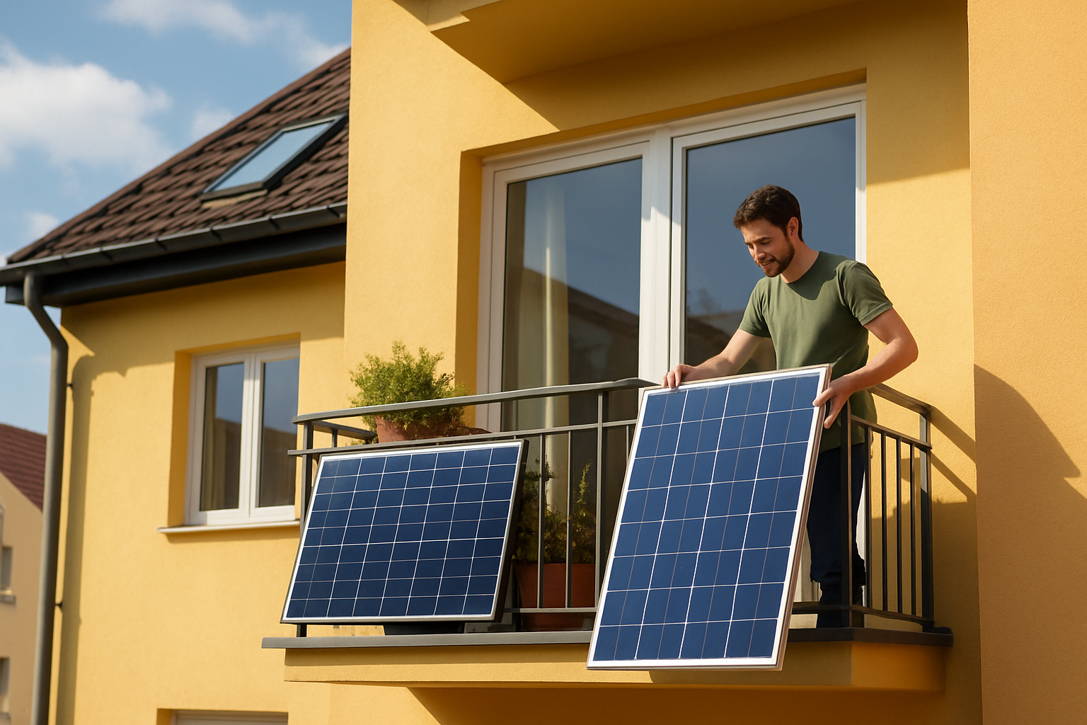 Frau auf Balkon mit Solarpanelen füllt Online-Förderantrag am Laptop aus