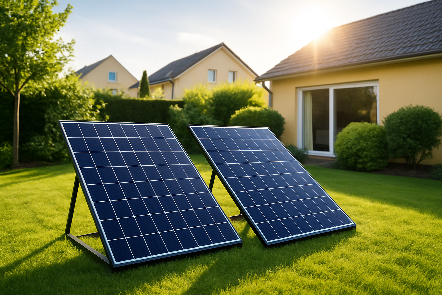 Balkonkraftwerk-Module optimal aufgestellt im sonnigen Garten mit Aufständerung