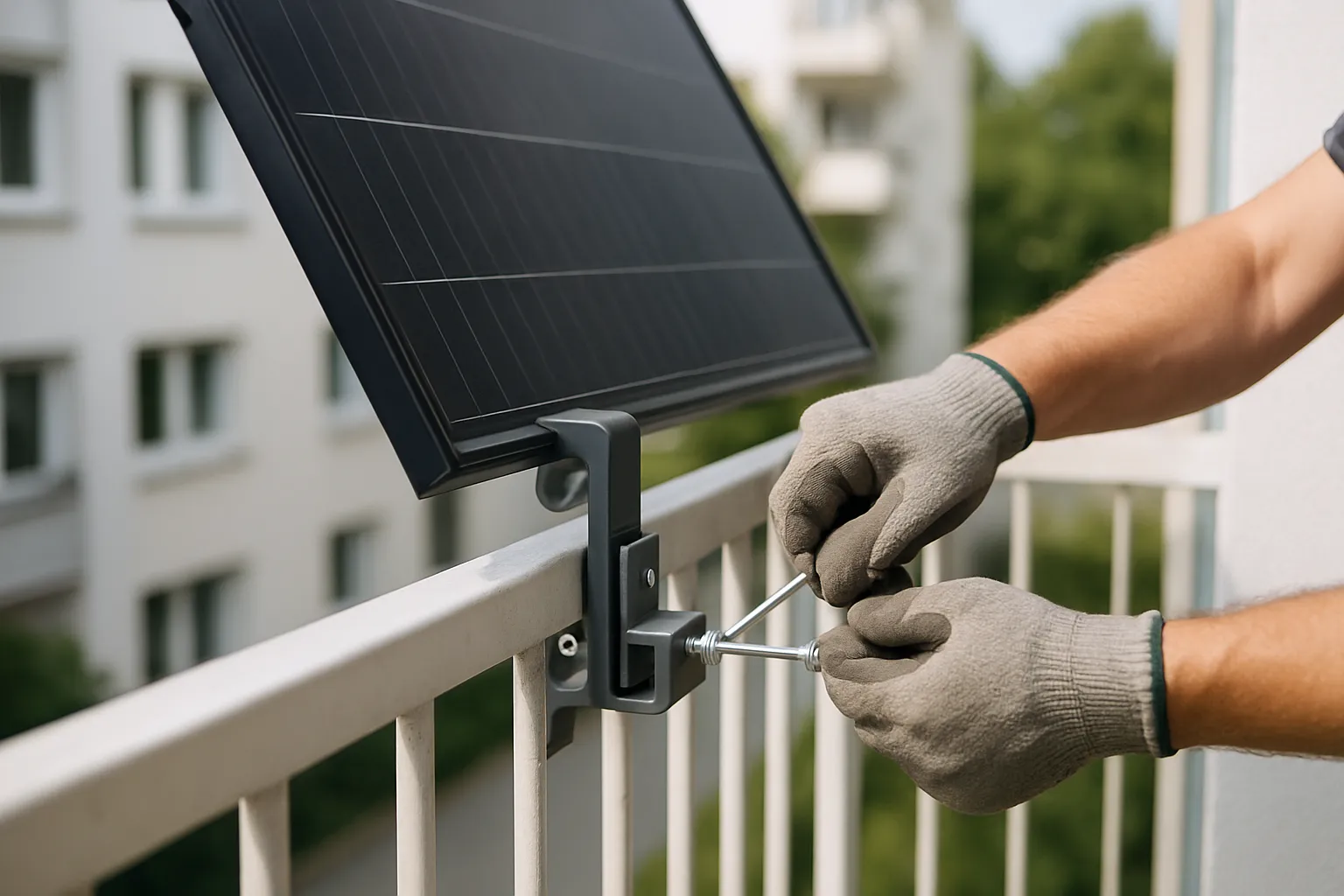 Hände in Arbeitshandschuhen ziehen die Klemme einer grauen Halterung fest, mit der ein schräg gestelltes Solarmodul an einem weißen Balkongeländer hängt