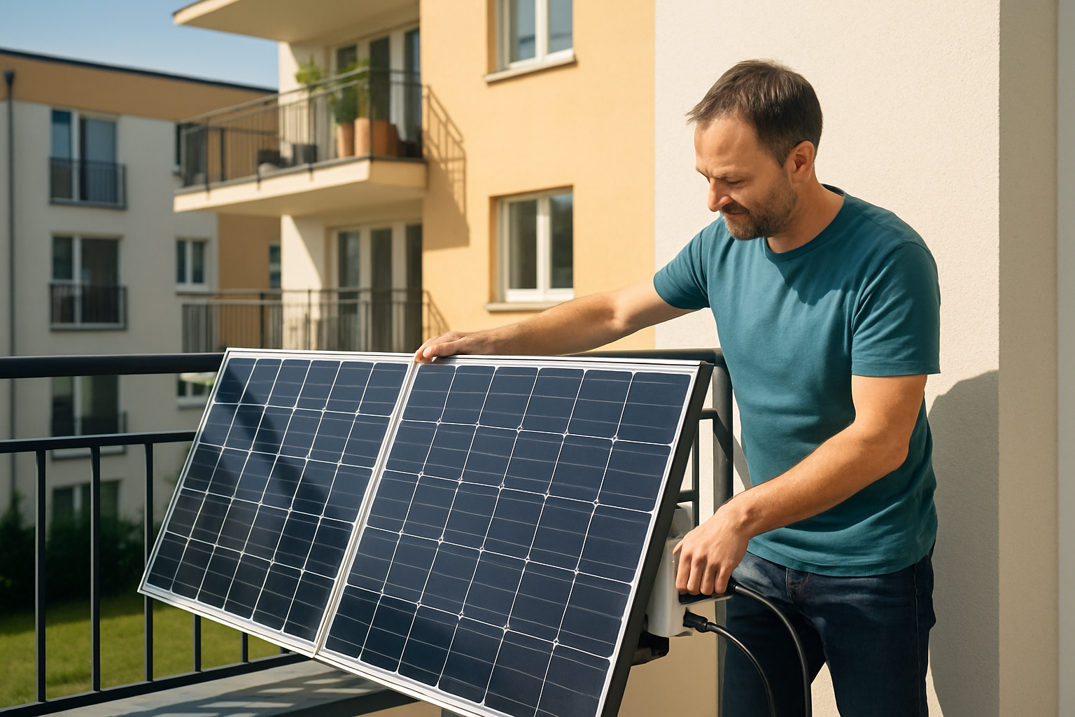 Balkonkraftwerk auf sonnigem Balkon mit Solarpanelen und Wechselrichter