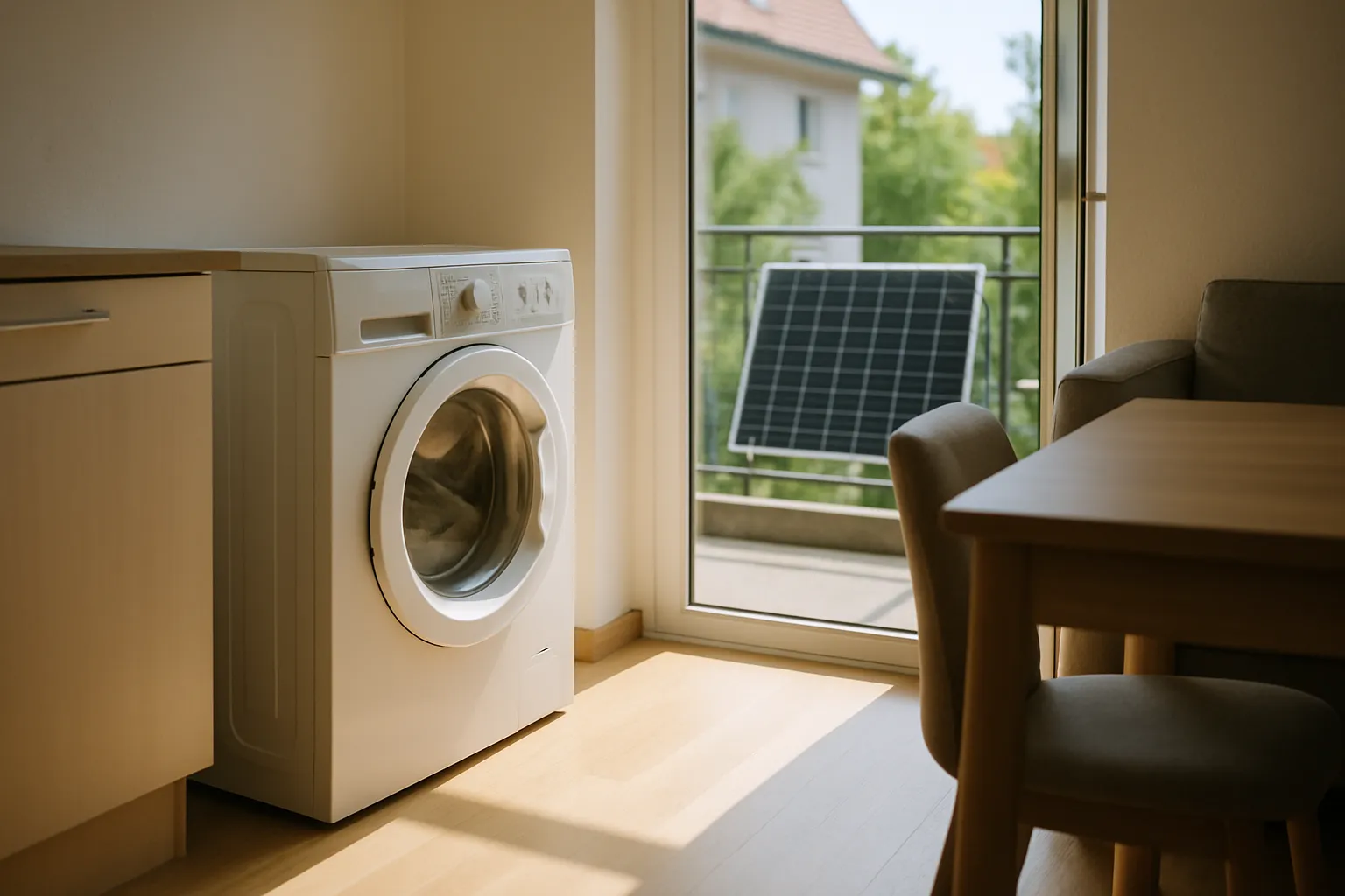 Waschmaschine läuft am Mittag in einer hellen Wohnung, durch das Fenster sind Solarmodule am Balkon zu sehen