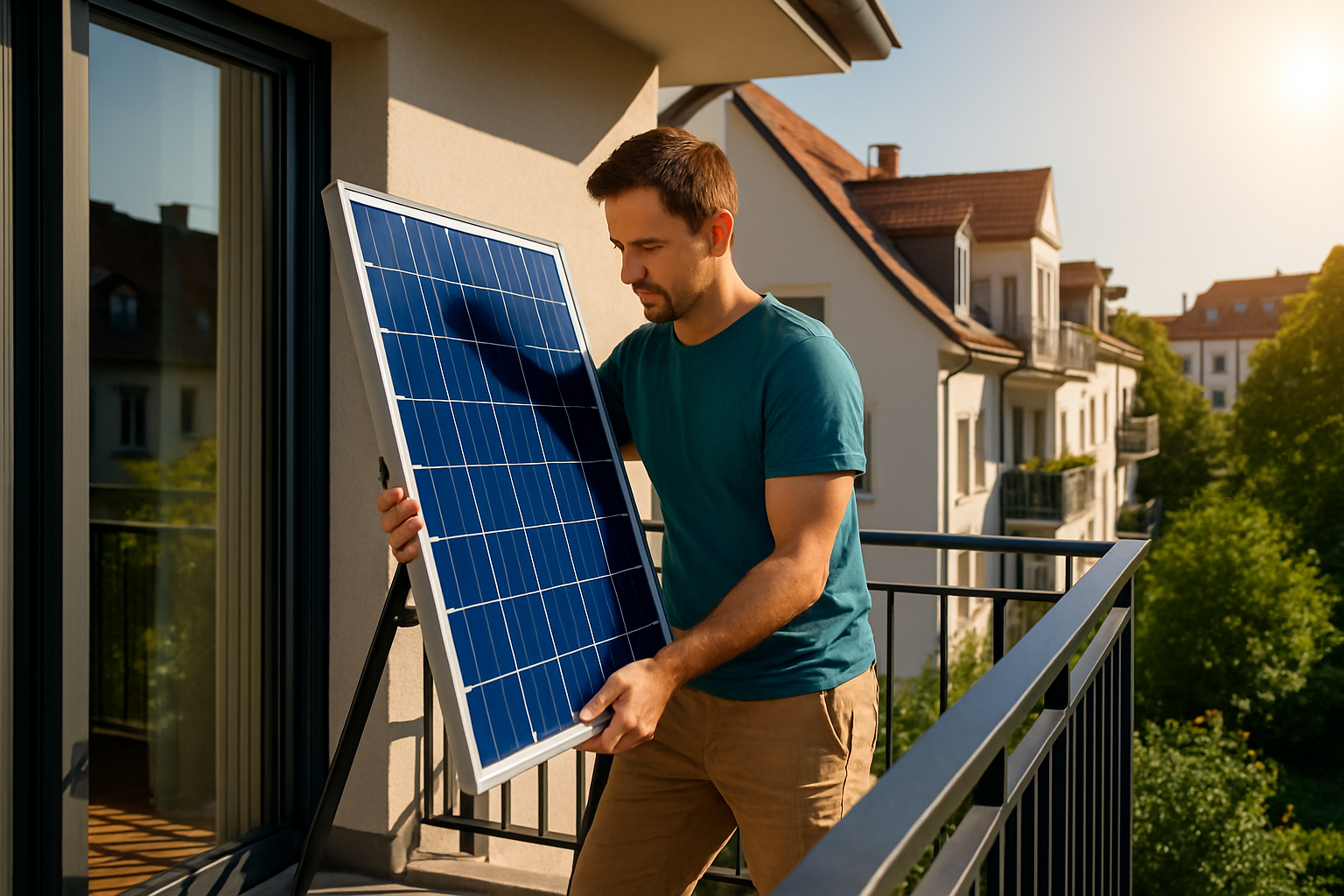 Person überprüft Balkonkraftwerk-Installation mit Multimeter und Checkliste zur Fehlersuche