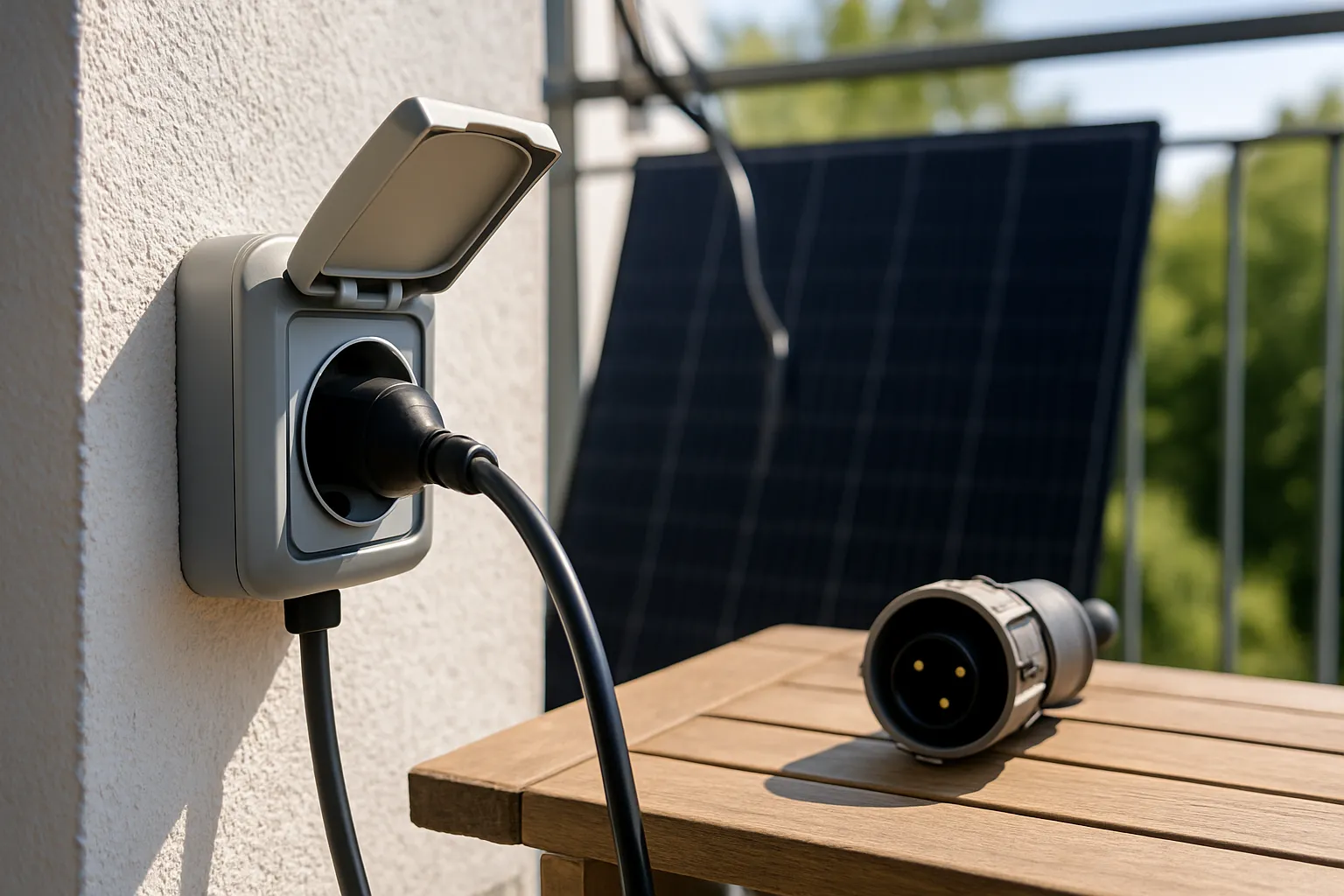 Graue Außensteckdose mit aufgeklapptem Deckel an einer Balkonwand, darin ein schwarzer Stecker; daneben liegt ein runder Einspeisestecker auf einem Holztisch, dahinter ein Solarmodul am Geländer