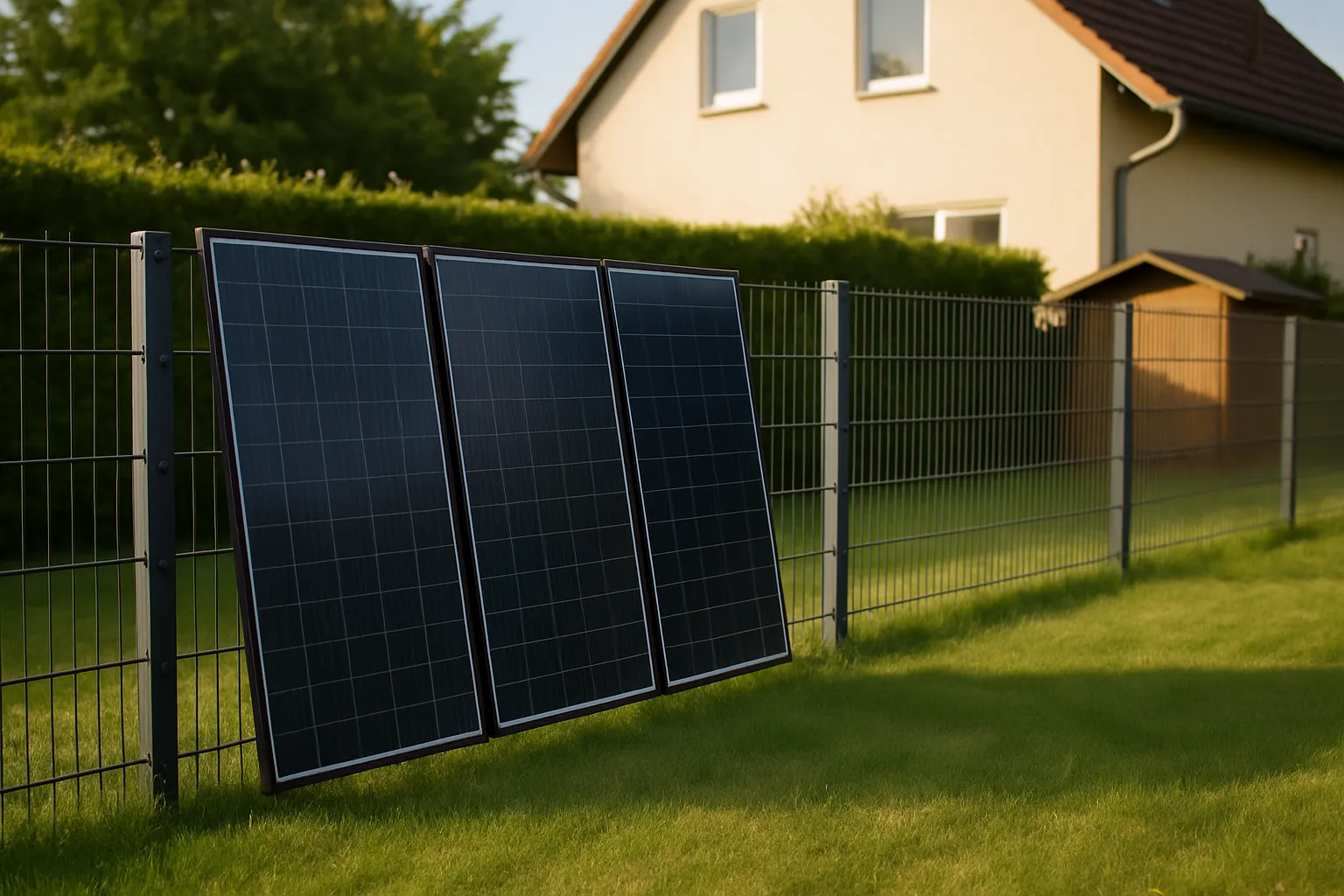 Drei dunkle Solarmodule senkrecht an einem grauen Doppelstabmattenzaun im Garten eines Einfamilienhauses, davor Rasen, dahinter Hecke und Gartenhaus