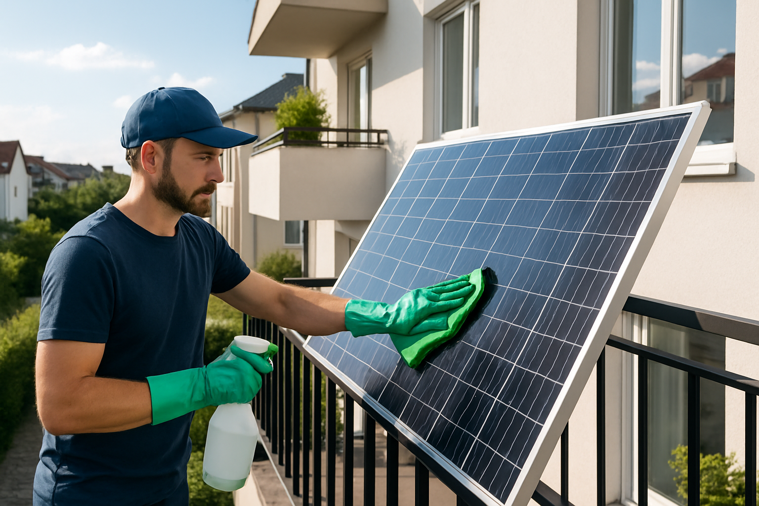 Person reinigt Solarmodul eines Balkonkraftwerks mit weichem Tuch und Wasser