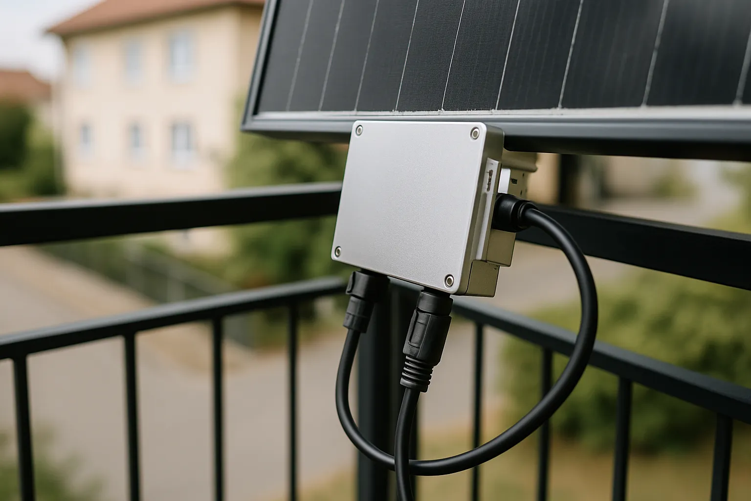 Kleiner silberner Mikrowechselrichter an der Rückseite eines Solarmoduls, Kabel mit Steckverbindern