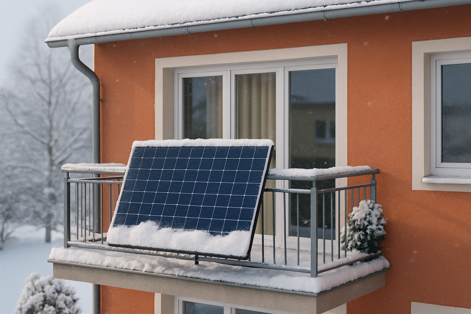Balkonkraftwerk mit Schnee auf Solarmodulen im Winter bei tiefstehender Sonne